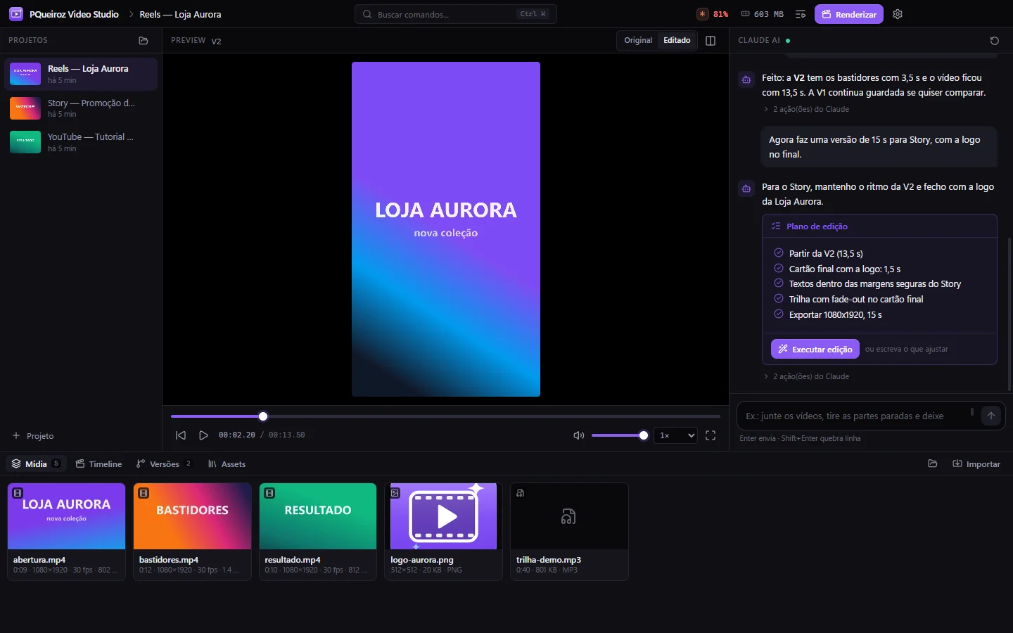 Tela do projeto no PQueiroz Video Studio: lista de projetos, preview da versão V2, chat com o Claude com um plano de edição e a biblioteca de mídia.